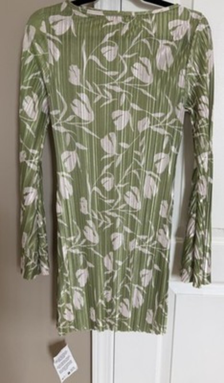 ASOS DESIGN long angel sleeve plisse mini dress in green and white print NWT